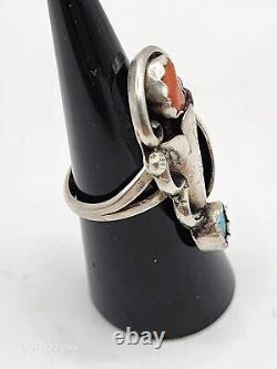 VINTAGE NAVAJO TURQUOISE & CORAL STERLING SILVER RING SIGNED by BOBBY THOMPSON