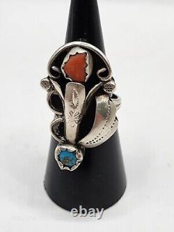 VINTAGE NAVAJO TURQUOISE & CORAL STERLING SILVER RING SIGNED by BOBBY THOMPSON