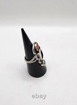 VINTAGE NAVAJO TURQUOISE & CORAL STERLING SILVER RING SIGNED by BOBBY THOMPSON