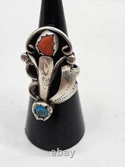 VINTAGE NAVAJO TURQUOISE & CORAL STERLING SILVER RING SIGNED by BOBBY THOMPSON