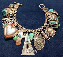 VINTAGE NAVAJO ZUNI HOPI STERLING SILVER TURQUOISE CORAL 27 CHARM BRACELET 99g