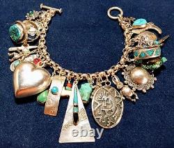 VINTAGE NAVAJO ZUNI HOPI STERLING SILVER TURQUOISE CORAL 27 CHARM BRACELET 99g