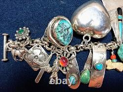 VINTAGE NAVAJO ZUNI HOPI STERLING SILVER TURQUOISE CORAL 27 CHARM BRACELET 99g