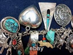 VINTAGE NAVAJO ZUNI HOPI STERLING SILVER TURQUOISE CORAL 27 CHARM BRACELET 99g