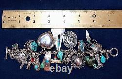 VINTAGE NAVAJO ZUNI HOPI STERLING SILVER TURQUOISE CORAL 27 CHARM BRACELET 99g