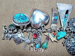 VINTAGE NAVAJO ZUNI HOPI STERLING SILVER TURQUOISE CORAL 27 CHARM BRACELET 99g