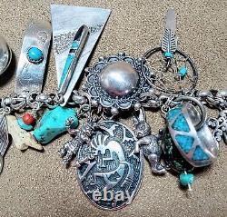 VINTAGE NAVAJO ZUNI HOPI STERLING SILVER TURQUOISE CORAL 27 CHARM BRACELET 99g