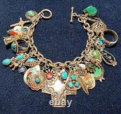 VINTAGE NAVAJO ZUNI HOPI STERLING SILVER TURQUOISE CORAL 28 CHARM BRACELET 105g+