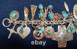 VINTAGE NAVAJO ZUNI HOPI STERLING SILVER TURQUOISE CORAL 28 CHARM BRACELET 105g+