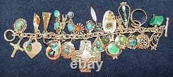 VINTAGE NAVAJO ZUNI HOPI STERLING SILVER TURQUOISE CORAL 28 CHARM BRACELET 105g+