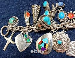 VINTAGE NAVAJO ZUNI HOPI STERLING SILVER TURQUOISE CORAL 28 CHARM BRACELET 105g+