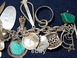 VINTAGE NAVAJO ZUNI HOPI STERLING SILVER TURQUOISE CORAL 28 CHARM BRACELET 105g+