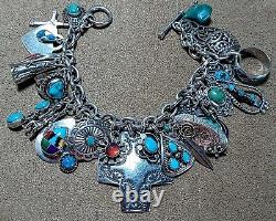 VINTAGE NAVAJO ZUNI HOPI STERLING SILVER TURQUOISE CORAL 28 CHARM BRACELET 105g+