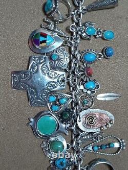 VINTAGE NAVAJO ZUNI HOPI STERLING SILVER TURQUOISE CORAL 28 CHARM BRACELET 105g+