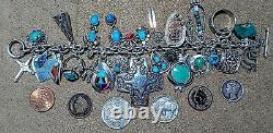 VINTAGE NAVAJO ZUNI HOPI STERLING SILVER TURQUOISE CORAL 28 CHARM BRACELET 105g+