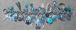 VINTAGE NAVAJO ZUNI HOPI STERLING SILVER TURQUOISE CORAL 28 CHARM BRACELET 105g+