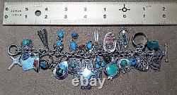 VINTAGE NAVAJO ZUNI HOPI STERLING SILVER TURQUOISE CORAL 28 CHARM BRACELET 105g+