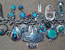 VINTAGE NAVAJO ZUNI HOPI STERLING SILVER TURQUOISE CORAL 28 CHARM BRACELET 105g+