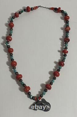 VINTAGE Navajo 30 CHUNKY RED CORAL & TURQUOISE Statement Necklace Fish Pendant