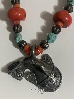 VINTAGE Navajo 30 CHUNKY RED CORAL & TURQUOISE Statement Necklace Fish Pendant