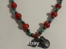 VINTAGE Navajo 30 CHUNKY RED CORAL & TURQUOISE Statement Necklace Fish Pendant