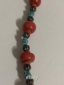 VINTAGE Navajo 30 CHUNKY RED CORAL & TURQUOISE Statement Necklace Fish Pendant
