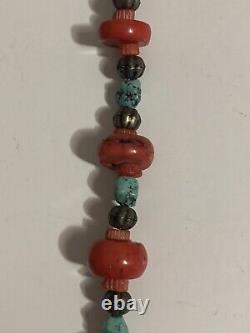 VINTAGE Navajo 30 CHUNKY RED CORAL & TURQUOISE Statement Necklace Fish Pendant