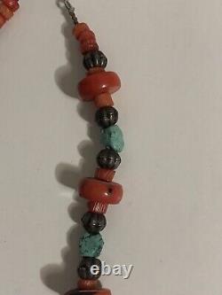 VINTAGE Navajo 30 CHUNKY RED CORAL & TURQUOISE Statement Necklace Fish Pendant