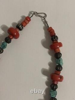 VINTAGE Navajo 30 CHUNKY RED CORAL & TURQUOISE Statement Necklace Fish Pendant