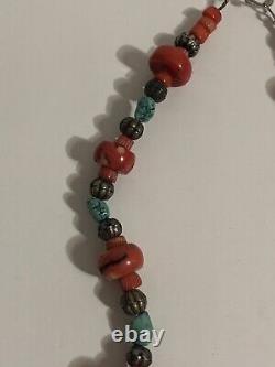 VINTAGE Navajo 30 CHUNKY RED CORAL & TURQUOISE Statement Necklace Fish Pendant