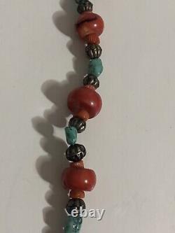 VINTAGE Navajo 30 CHUNKY RED CORAL & TURQUOISE Statement Necklace Fish Pendant
