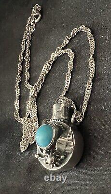 VINTAGE Navajo Sterling Small Tobacco Canteen Flask Necklace Charm WithTurquoise