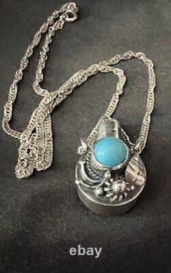 VINTAGE Navajo Sterling Small Tobacco Canteen Flask Necklace Charm WithTurquoise