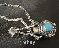 VINTAGE Navajo Sterling Small Tobacco Canteen Flask Necklace Charm WithTurquoise