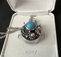 VINTAGE Navajo Sterling Small Tobacco Canteen Flask Necklace Charm WithTurquoise