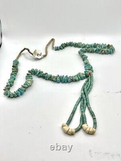 VINTAGE Navajo Turquoise Beaded Jacla Necklace With Coral And Shell 26 Long W@W