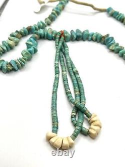 VINTAGE Navajo Turquoise Beaded Jacla Necklace With Coral And Shell 26 Long W@W
