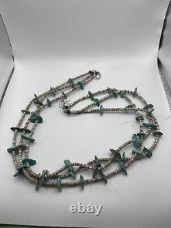 VINTAGE Navajo Turquoise & Shell Beaded Necklace And Shell 26 Long 3 Strands