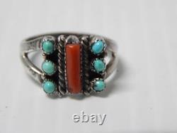 VINTAGE OLD NAVAJO INDIAN STERLING SILVER CORAL + TURQUOISE RING sz 6 1/4