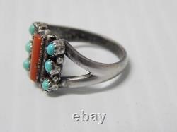 VINTAGE OLD NAVAJO INDIAN STERLING SILVER CORAL + TURQUOISE RING sz 6 1/4