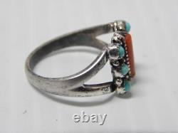 VINTAGE OLD NAVAJO INDIAN STERLING SILVER CORAL + TURQUOISE RING sz 6 1/4