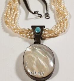 VINTAGE OLD PAWN NAVAJO SIGNED MS TURQUOISE & MOTHER OF PEARL 20 NECKLACE 52g