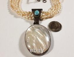 VINTAGE OLD PAWN NAVAJO SIGNED MS TURQUOISE & MOTHER OF PEARL 20 NECKLACE 52g