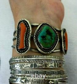 VINTAGE Old Pawn NAVAJO Sterling Silver TURQUOISE & CORAL NATIVE Cuff Bracelet