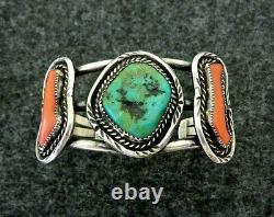 VINTAGE Old Pawn NAVAJO Sterling Silver TURQUOISE & CORAL NATIVE Cuff Bracelet