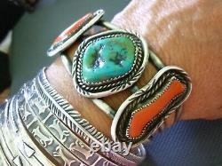 VINTAGE Old Pawn NAVAJO Sterling Silver TURQUOISE & CORAL NATIVE Cuff Bracelet