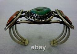 VINTAGE Old Pawn NAVAJO Sterling Silver TURQUOISE & CORAL NATIVE Cuff Bracelet