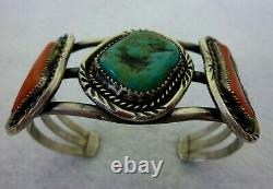 VINTAGE Old Pawn NAVAJO Sterling Silver TURQUOISE & CORAL NATIVE Cuff Bracelet