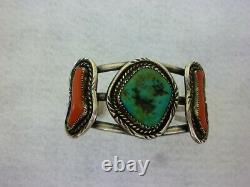 VINTAGE Old Pawn NAVAJO Sterling Silver TURQUOISE & CORAL NATIVE Cuff Bracelet