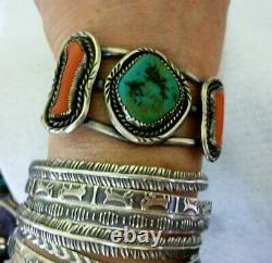 VINTAGE Old Pawn NAVAJO Sterling Silver TURQUOISE & CORAL NATIVE Cuff Bracelet